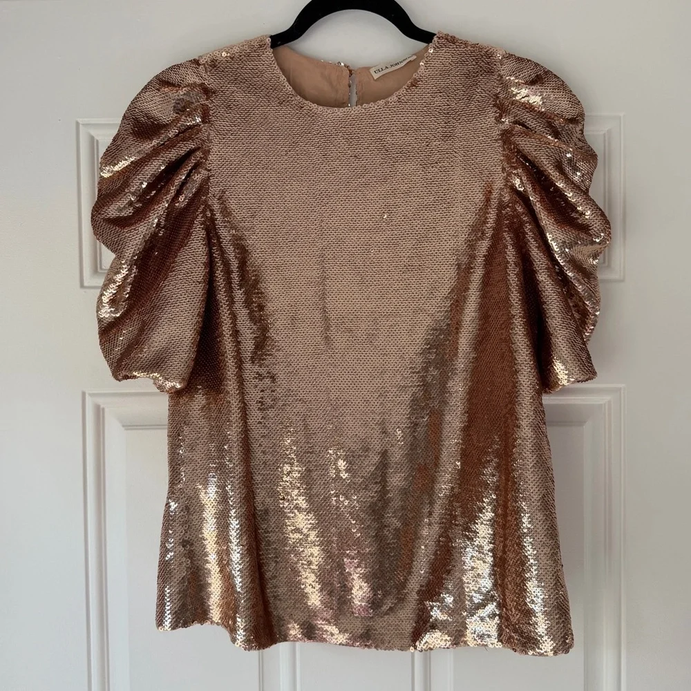 ULLA‎ JOHNSON ROSE GOLD SEQUIN PUFF SLEEVE BLOUSE crew neck size 4 top RAE